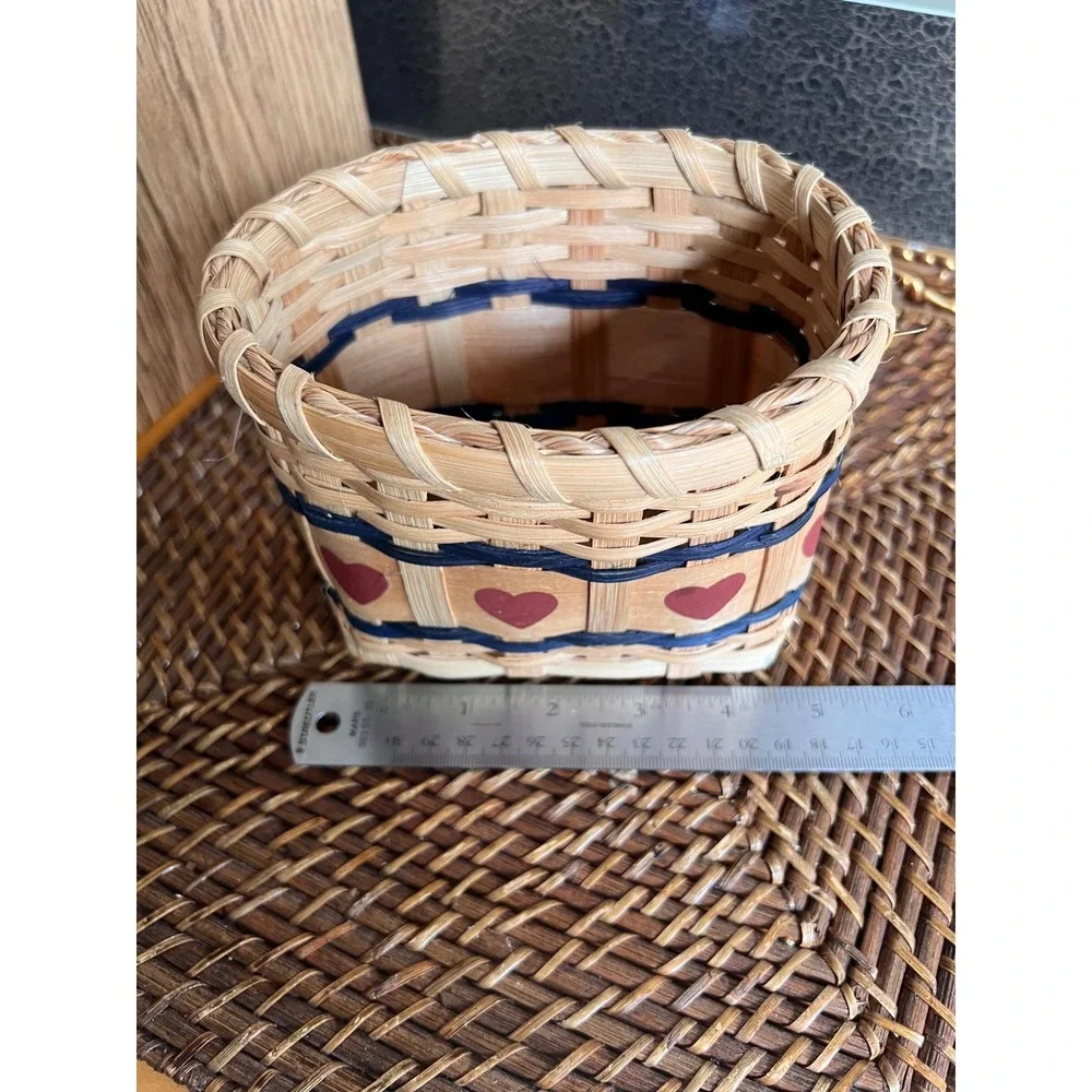 Vintage Handwoven Wicker Basket Small Oval Primitive Country Red Hearts Navy